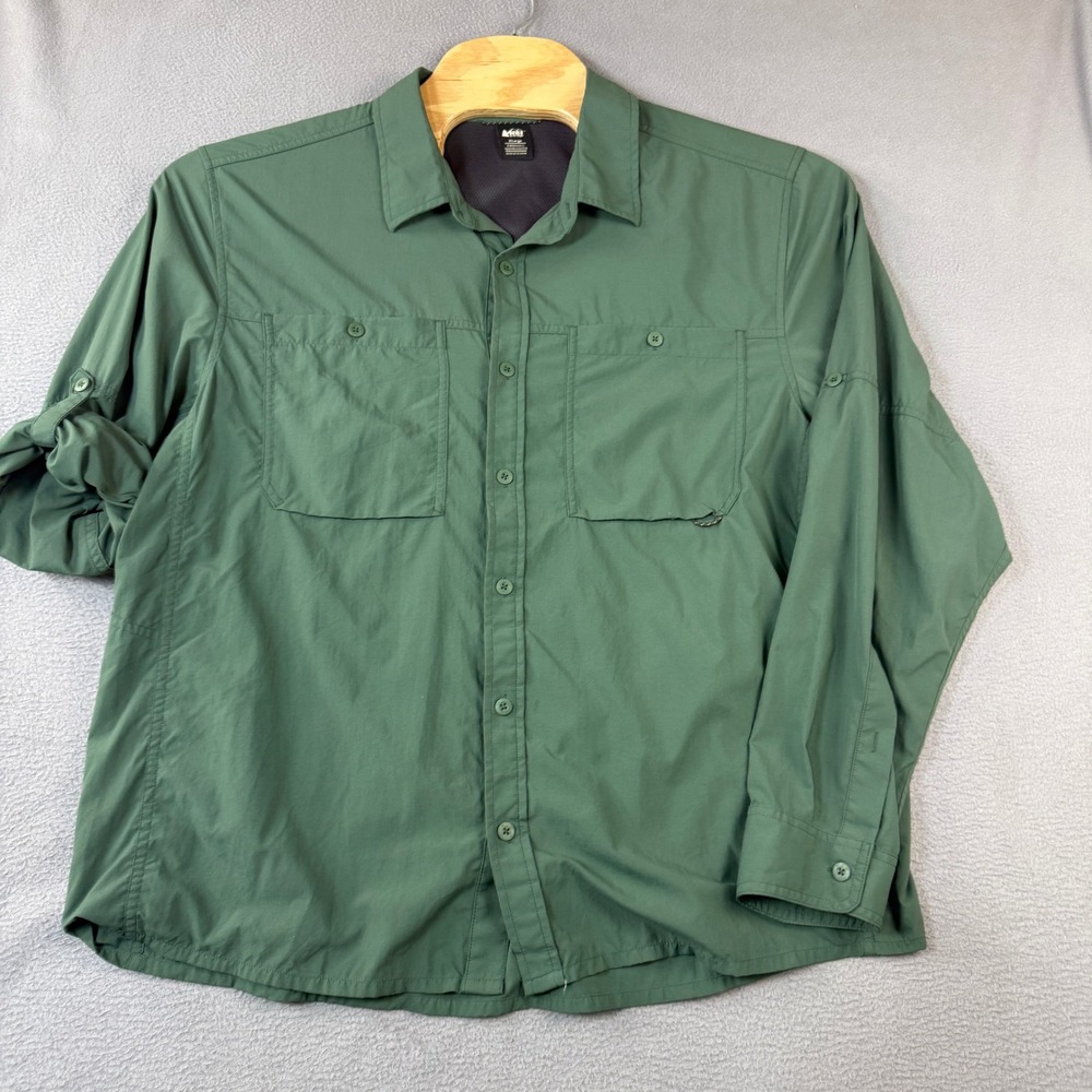 REI Co-op Sahara Mens XL Green Nylon Hiking Travel Roll Tab Button Down Shirt